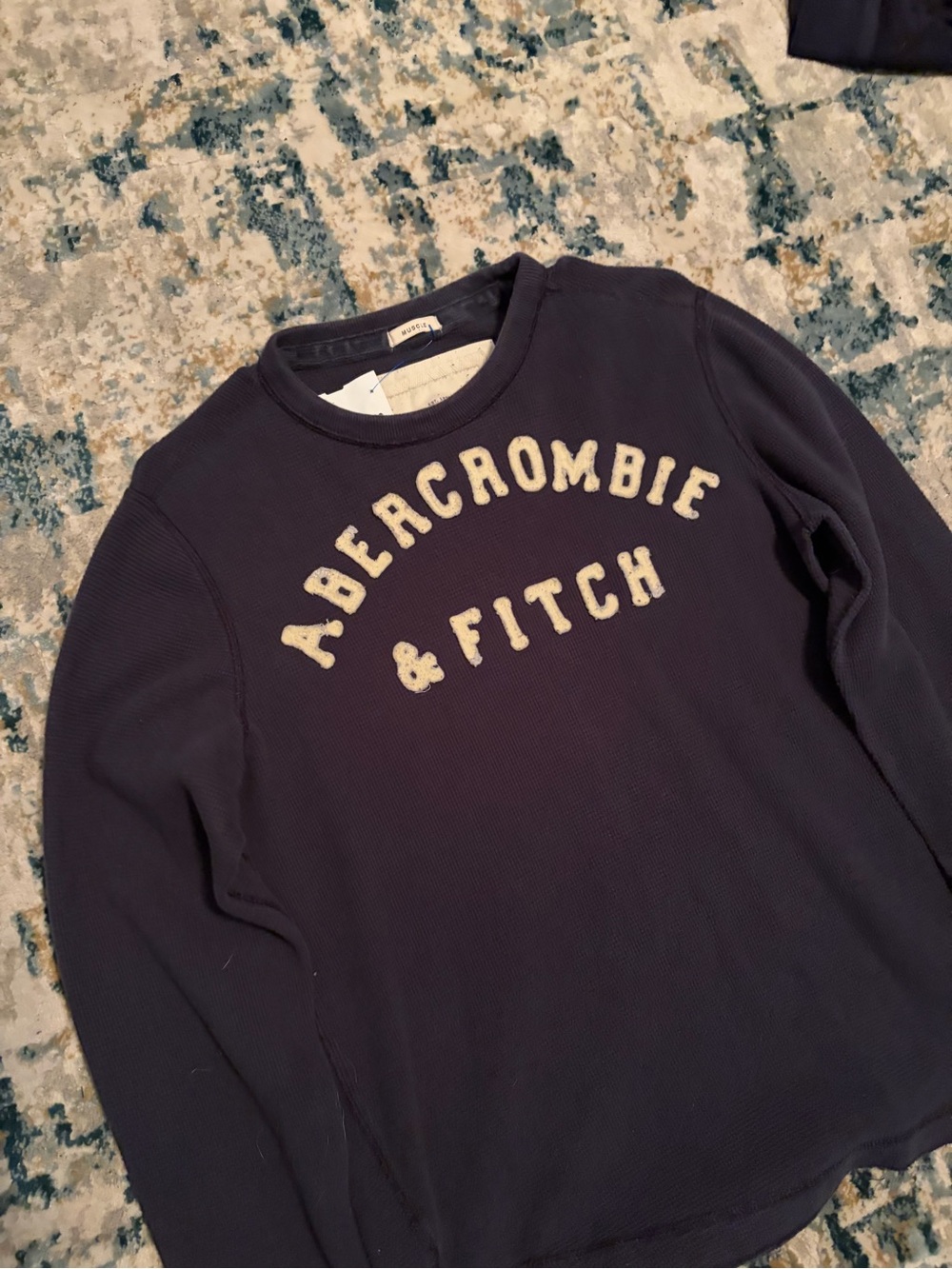 Abercrombie & Fitch Navy Thermal Crewneck with Cream Logo